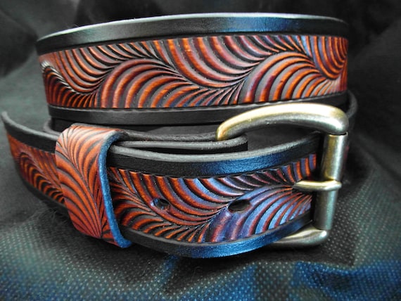 Tooled Western Leather Belt: Hermann Oak Cowboy Belt