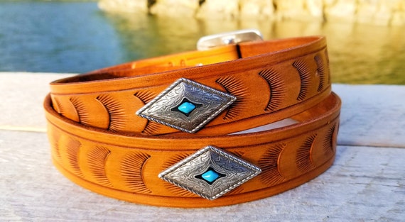 Western Leather Belt: Turquoise Conchos, Hand Tooled Design 