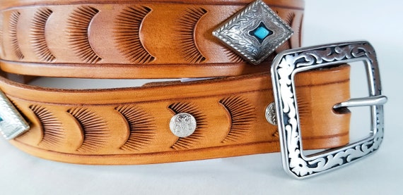 Western Leather Belt: Turquoise Conchos, Hand Tooled Design  display picture 1