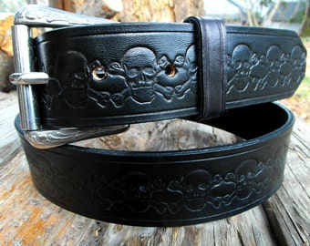 Black Leather Skull Belt, Custom leather belt, Men's leather belt with skulls, Full grain leather belt