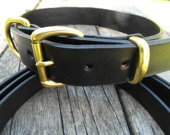 Black Leather Dog Collar and Leash Set: Solid Brass Hardware