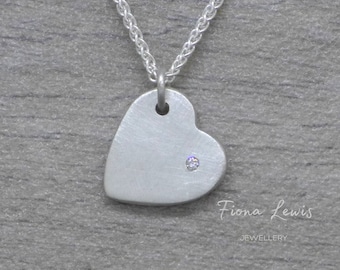 Diamond heart pendant in sterling silver, satin finish silver heart UK handmade by Fiona Lewis Jewellery, necklace for gifting,