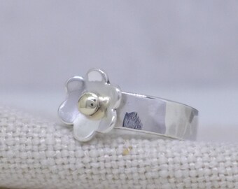 Gold & Silver Flower Ring / Solid silver Ring with gold flower centre / Simple broad band Ring / Handmade UK Fiona Lewis