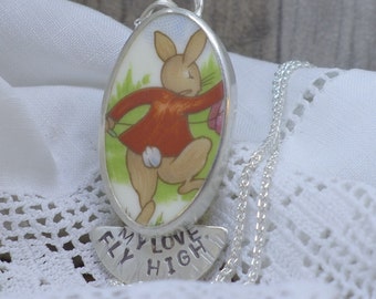 Ceramic cabochon 'My Love Fly High' pendant | bunny | recycled silver | one of a kind | ready to ship | Fiona Lewis | South Glos UK artist