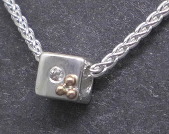 Sterling Silver Cube Pendant: Diamond & Rose Gold Droplets