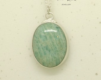 Green aventurine oval cabochon pendant made in solid recycled silver, OOAK, gift, contemporary jewellery style, by Fiona Lewis UK