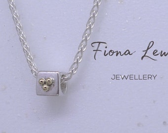 Silver & yellow gold Cube pendant, 9ct, handmade ethical and recycled, contemporary jewellery style,  Fiona Lewis UK