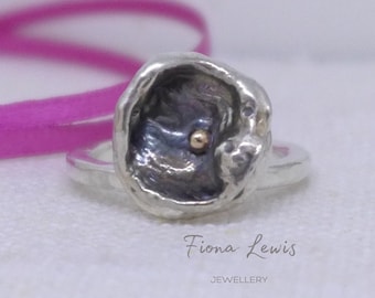 001 Flora water cast & gold droplet ring| recycled silver gold  | one of a kind | flower ring| ready to ship | Mum handmade UK Fiona Lewis