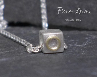 Cube pendant bracelet charm, gold circle handmade sterling silver, ethical and recycled, present gift girlfriend or wife, Fiona Lewis uk