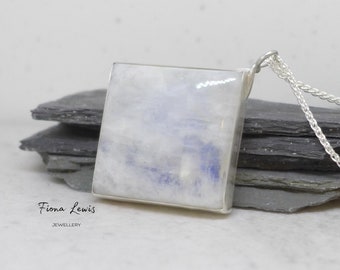 Moonstone square cabochon pendant made in solid recycled silver, OOAK, gift, contemporary jewellery style, by Fiona Lewis UK