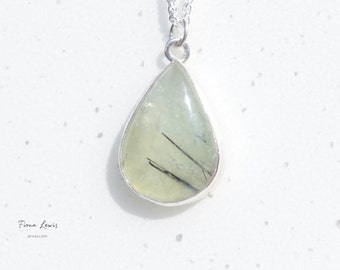 Green rutile quartz teardrop shaped cabochon pendant made in solid recycled silver, OOAK, gift, contemporary jewellery, by Fiona Lewis UK