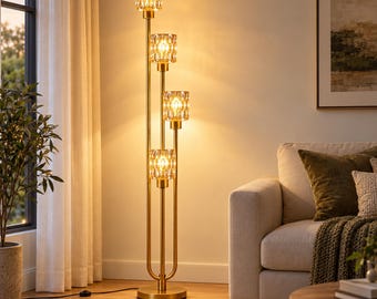Tiered Glass Floor Lamp, 4 Light Dimmable Gold Standing Lamp in Amber or Green