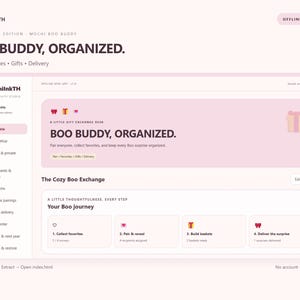 May include: A digital interface for the MochiInkTH Boo Buddy, Rose Ribbon Edition. The screen displays a light pink dashboard titled Boo Buddy, Organized, featuring navigation menus for event setup, pairing, and gift delivery tracking.