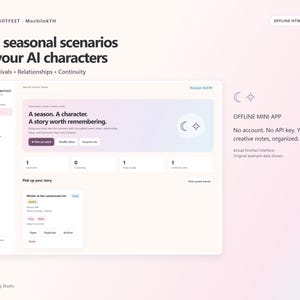 Peut inclure: Une interface numérique pour Mochi Botfest intitulée Plan seasonal scenarios for your AI characters. Le tableau de bord affiche une barre latérale avec des options de navigation, une zone principale de planification et une carte Winter at the Lanternrest Inn.
