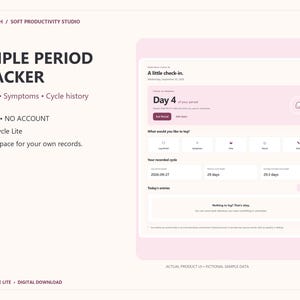May include: A digital period tracker interface titled Simple Period Tracker by Mochiinkth. The screen displays cycle day 4, symptom logging options, and cycle history data. Text includes Offline, No Account, and Mochi Cycle Lite.