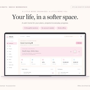 Könnte beinhalten: Eine digitale Dashboard-Oberfläche auf einem Laptop-Bildschirm mit dem Text Mochi Workspace, Your life, in a softer space und Good morning. Das Layout enthält Bereiche für Aufgaben, Projekte, Ziele, Gewohnheiten, Kalender, Notizen und Finanzen.