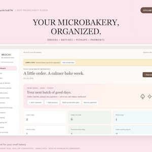 Pode incluir: Uma interface digital para um aplicativo de gestão de padaria chamado Mochi Microbakery Desk. A tela exibe um painel com seções para pedidos, lotes, retiradas e pagamentos, apresentando uma paleta de cores rosa claro e creme.