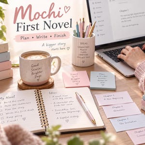 May include: A Mochi First Novel planner set featuring a spiral-bound notebook with a My Novel checklist, a ceramic mug with the text Good Stories Brighter Days, a pen holder with writing supplies, and various sticky notes with chapter outlines.