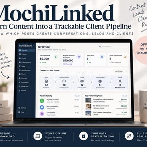 Könnte beinhalten: Ein Laptop-Bildschirm zeigt das MochiLinked-Dashboard mit Analysen zu Umsatz, Kunden und Content-Funnels. Der Bildschirm zeigt Kennzahlen wie 9.700 $ an nachverfolgten Einnahmen, 8 Gesamtkunden sowie eine Liste aktueller Aktivitäten und Top-Beiträge.