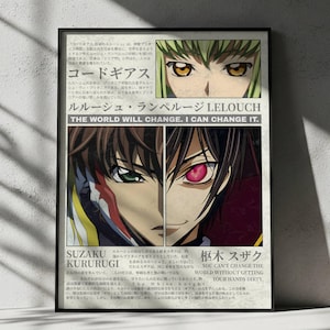 May include: A rectangular poster featuring anime-style character illustrations. The top shows green-haired eyes, while the center displays a split-face portrait of two characters with distinct eye colors. Text includes Code Geass, Lelouch, and Suzaku Kururugi.