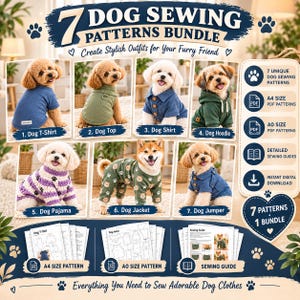 Könnte beinhalten: Ein digitales Set mit 7 Schnittmustern für Hundekleidung, das Fotos von Hunden in einem blauen T-Shirt, grünen Oberteil, blauen Hemd, grünen Kapuzenpullover, lila gestreiften Schlafanzug, Bären-Jacke und blauen Pullover zeigt, inklusive Anleitungen.