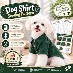 Pode incluir: Um cão branco vestindo uma camisa abotoada verde-escura com gola. A imagem inclui o texto Dog Shirt Sewing Pattern, PDF Pattern A4 & A0 Size, Sewing Guide Step by Step e Beginner Friendly Easy Instructions.