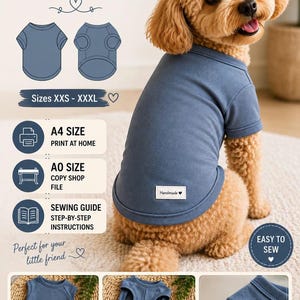以下が含まれることがあります： 犬用Tシャツのデジタル型紙。プードルが着用した青いTシャツ、技術図、およびDOG T-SHIRT、Sewing Pattern、Sizes XXS - XXXL、A4 SIZE、A0 SIZE、SEWING GUIDEなどのテキストが含まれ、衣服のクローズアップ画像も掲載されています。