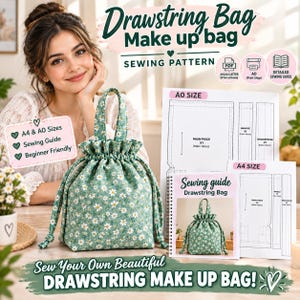 May include: A green drawstring makeup bag with a white daisy floral pattern, featuring a gathered top and a single handle. The product includes a printed sewing guide and pattern sheets labeled A4 and A0 size for creating the bag.