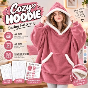 Può includere: Una felpa oversize con cappuccio color rosa polvere con fodera in pile sherpa bianco, dotata di una grande tasca a marsupio frontale, maniche lunghe con polsini a coste e cappuccio. L'immagine include il testo per un cartamodello Cozy Hoodie.