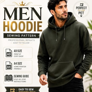 Peut inclure: Un patron de couture pour sweat à capuche avec le texte MEN HOODIE SEWING PATTERN, A0 SIZE PRINT AT COPY SHOP, A4 SIZE HOME PRINTER FRIENDLY, SEWING GUIDE STEP-BY-STEP INSTRUCTIONS, et EASY TO SEW PROFESSIONAL RESULTS. Un sweat vert foncé est visible.