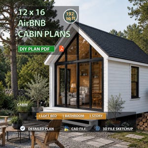 Op de afbeelding: Een 12 x 16 hutplan PDF met een structuur van 192 vierkante voet, een witte buitenkant, een zwart dak en grote glazen ramen. Het ontwerp bevat een hoogslaper, een badkamer en één verdieping, inclusief gedetailleerde plannen en 3D-bestanden.