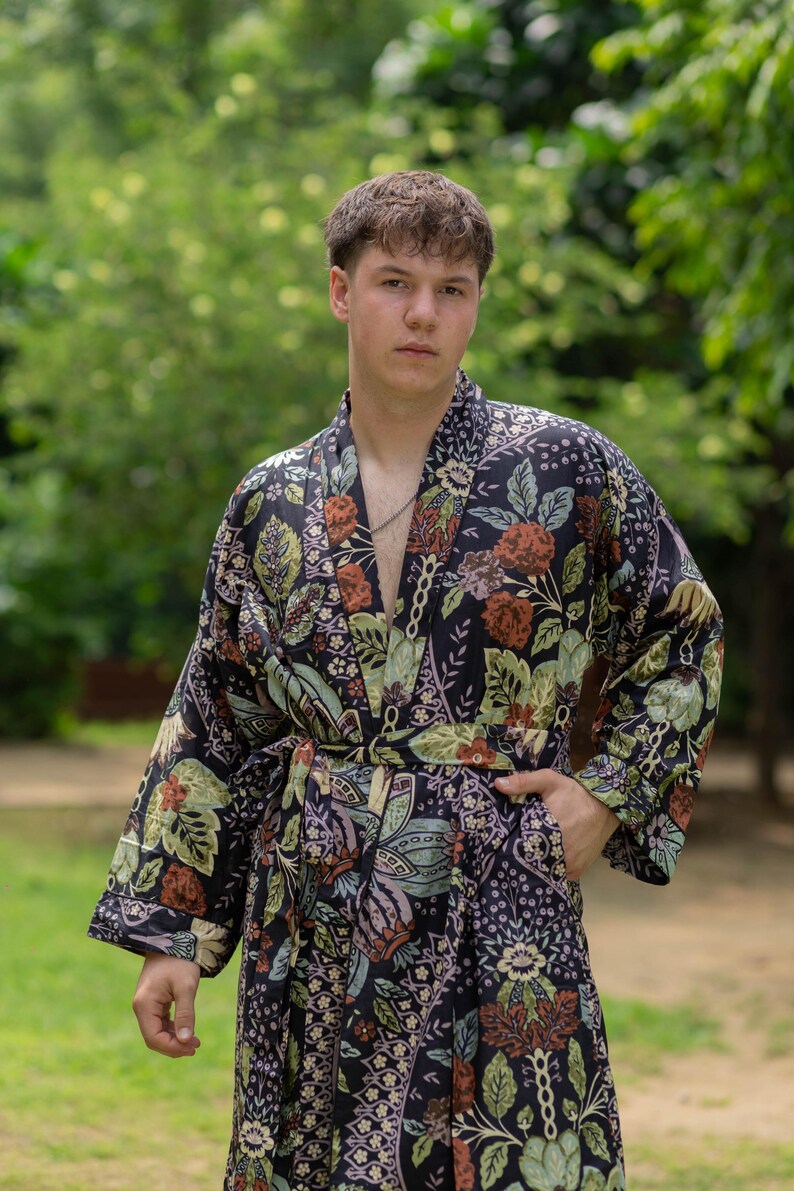 Men's Organic Cotton Kimono Robe, Black Floral Print Houserobe ...