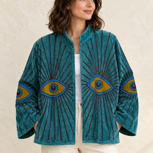 Handmade Evil Eye Velvet Jacket, Boho Embroidered Coat, Oversized Statement Jacket, Turkish Eye Festival Wear,  Indian Kantha stitch
