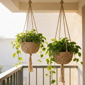 May include: Two hanging planters made of natural tan jute rope with a woven macrame net design. Each planter holds a lush green pothos plant with trailing vines. The planters are suspended by thick rope cords and feature a decorative tassel.