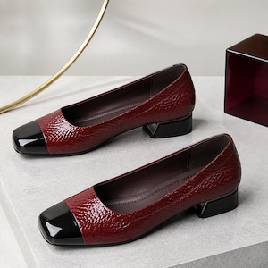 Burgundy Square Toe Pumps, Snake Embossed Low Block Heel Shoes, Black Cap Toe Slip On Office Work Dress Shoes for Women, Commuter Style