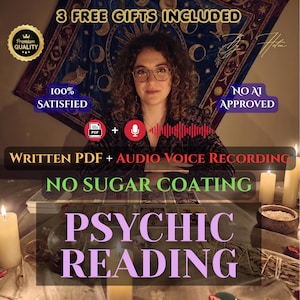 Op de afbeelding: Een psychische leesservice die een geschreven PDF en audio-spraakopname aanbiedt. De afbeelding bevat tekstoverlays waaronder 3 FREE GIFTS INCLUDED, 100% SATISFIED, NO AI APPROVED, WRITTEN PDF + AUDIO VOICE RECORDING, NO SUGAR COATING en PSYCHIC READING.