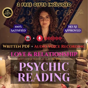 Könnte beinhalten: Ein psychischer Lesedienst mit schriftlichem PDF und Audio-Sprachaufnahme für Liebes- und Beziehungsberatung. Das Bild enthält Text mit 3 FREE GIFTS INCLUDED, 100% SATISFIED, NO AI APPROVED und PSYCHIC READING sowie Tarotkarten.