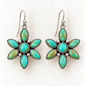 Turquoise Floral Earrings - Boho Statement Dangle Earrings - 925 Sterling Silver Earrings, Gemstone Earrings, handmade southwestern Earrings