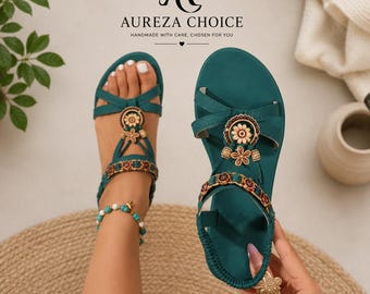 Women's Boho Embellished Flat Sandals, Ethnic Strappy Summer Beach Footwear