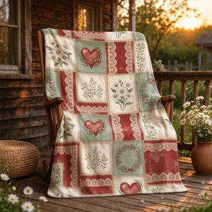 May include: A throw blanket featuring a patchwork design with alternating squares of red hearts, white daisies, green foliage, and cream-coloured lace patterns. The blanket is draped over a wooden rocking chair, displaying a repeating grid of botanical and romantic motifs in muted red, sage green, and off-white tones.