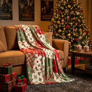 Puede incluir: Una manta de felpa con un diseño de patchwork en colores rojo, verde y blanco. El patrón incluye bayas de acebo, hojas, copos de nieve y cuadros escoceses. La manta está colocada sobre un sofá marrón en una habitación con un árbol de Navidad.