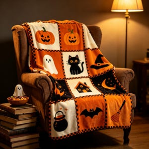 May include: A soft throw blanket featuring a grid pattern with Halloween-themed illustrations including jack-o'-lanterns, a white ghost, a black cat, a witch hat, a house, a crescent moon, a black cauldron, a bat, and a broomstick.
