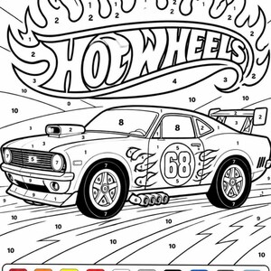 May include: A paint-by-number coloring page featuring the Hot Wheels logo above a muscle car with a flame graphic on the side and the number 68 on the door. The image includes a numbered color key at the bottom with labels for red, orange, yellow, flame red, white, silver, black, blue, dark gray, and light blue.