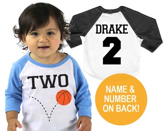 Basketball 2nd Birthday Twins Tri-blend Raglan Baseball Shirt - Personalized Name and Number on Back - Infant, Toddler sizes