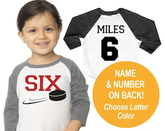 Hockey Puck 'SIX' Personalized Sixth Birthday Tri-blend Raglan Baseball Jersey - Kids 3/4 Sleeve Baseball Shirt Twins Triplets