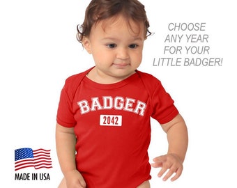 Wisconsin Badger Personalized Baby Cotton One Piece Bodysuit - Infant Girl and Boy Gift American Made Baby Clothing