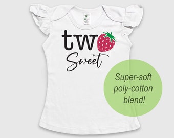 Two Sweet Second Birthday Strawberry Poly-blend Toddler Girl Flutter Angel Sleeve Top - 2nd Birthday Strawberry Polyester Cotton Blend Shirt