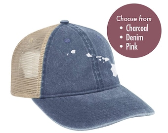 HAWAII Low Profile Trucker Hat - Vintage Look Pigment Dyed Cotton Twill Polyester Mesh Back 6 Panel Trucker Hat
