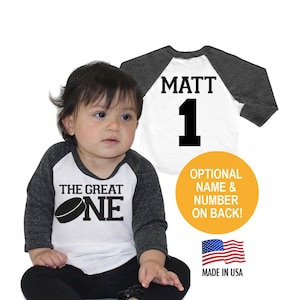 The Great One Hockey Puck Birthday Tri-blend Raglan Baseball Jersey - Baby 3/4 Sleeve Baseball Shirt - Personalized