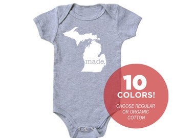 Michigan 'Made.' Cotton One Piece Bodysuit - Infant Girl and Boy Gift American Made Baby Clothing